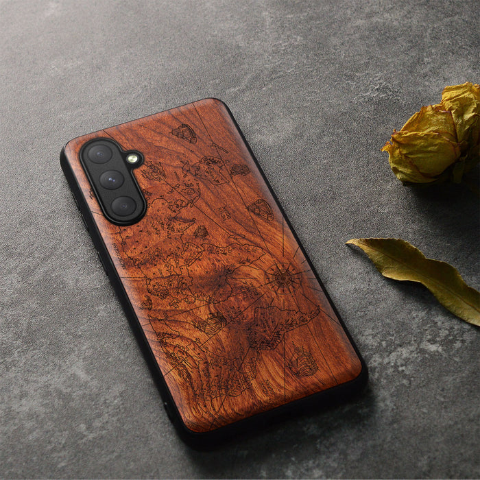 Physical World Map with Antique Travel Ship, Classic Engraved Wood & TPU Case - Artisanal Cover for Samsung Galaxy