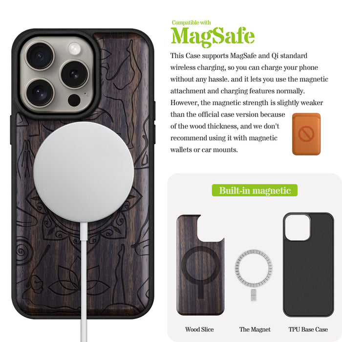 The Yoga Essence, Classic Engraved Wood & TPU Case - Artisanal Cover for Apple iPhone