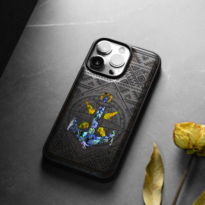 Voyage Intrigue, Hand-Inlaid Wood & Mother of Pearl Case - Artisanal Cover for Apple iPhone