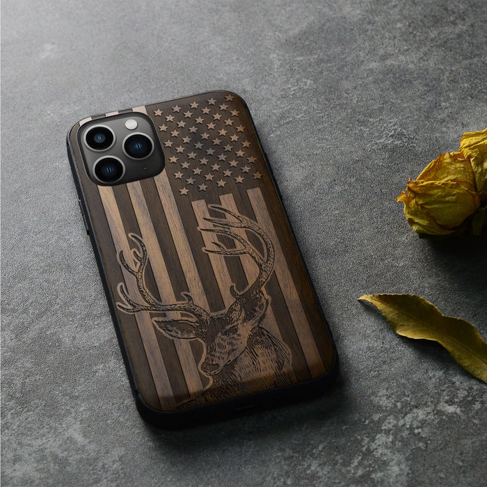 Deer Against the Backdrop of Stars and Stripes, Classic Engraved Wood & TPU Case - Artisanal Cover for Apple iPhone