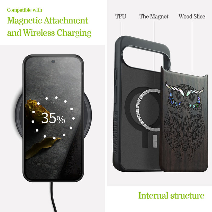 The Owl Mandala, Hand-Inlaid Wood & Mother of Pearl Case - Artisanal Cover for Google Pixel