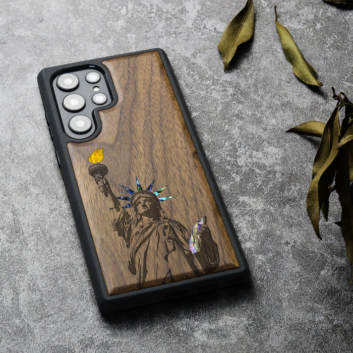 Statue of Liberty, Hand-Inlaid Wood & Mother of Pearl Case - Artisanal Cover for Samsung Galaxy