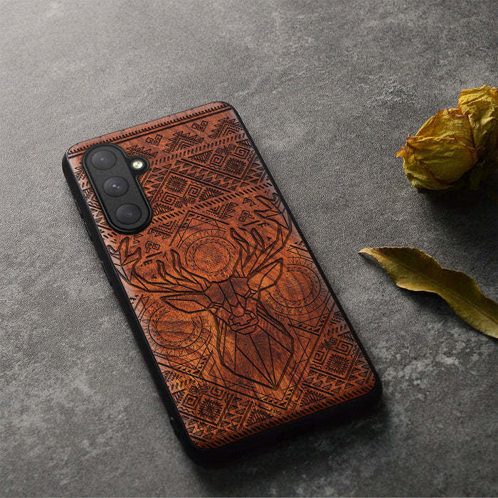 Geometric Deer Amidst Intricate Patterns, Classic Engraved Wood & TPU Case - Artisanal Cover for Samsung Galaxy