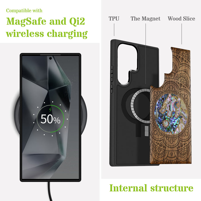 Yin-Yang Wolves Amidst Paisley, Hand-Inlaid Wood & Mother of Pearl Case - Artisanal Cover for Samsung Galaxy