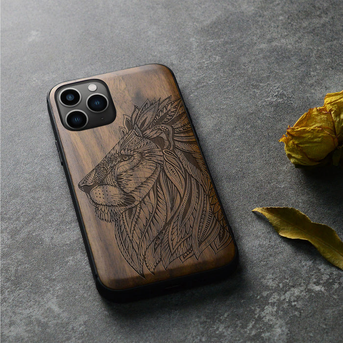 The Ornate Lion's Head, Classic Engraved Wood & TPU Case - Artisanal Cover for Apple iPhone