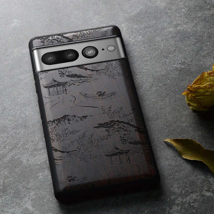 An Intricate Chinese Landscape, Classic Engraved Wood & TPU Case - Artisanal Cover for Google Pixel