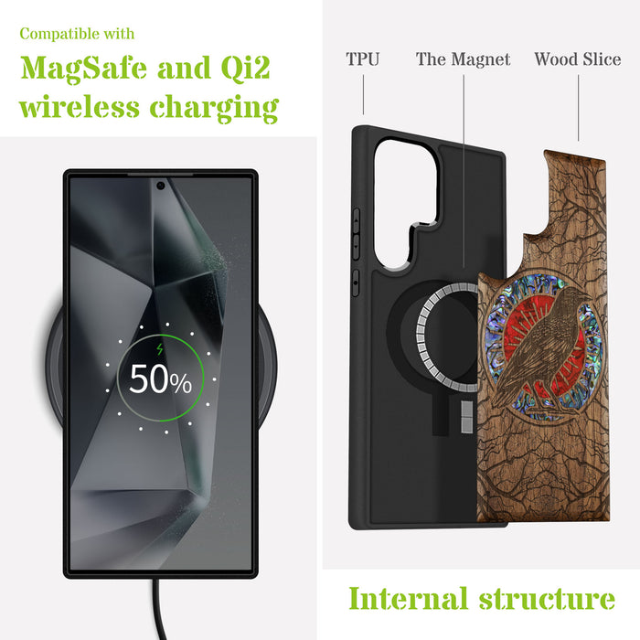 Luminous Crow Amidst Forest Lattice, Hand-Inlaid Wood & Mother of Pearl Case - Artisanal Cover for Samsung Galaxy