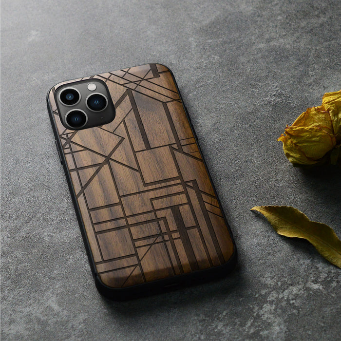 Geometric Simplicity Revisited, Classic Engraved Wood & TPU Case - Artisanal Cover for Apple iPhone