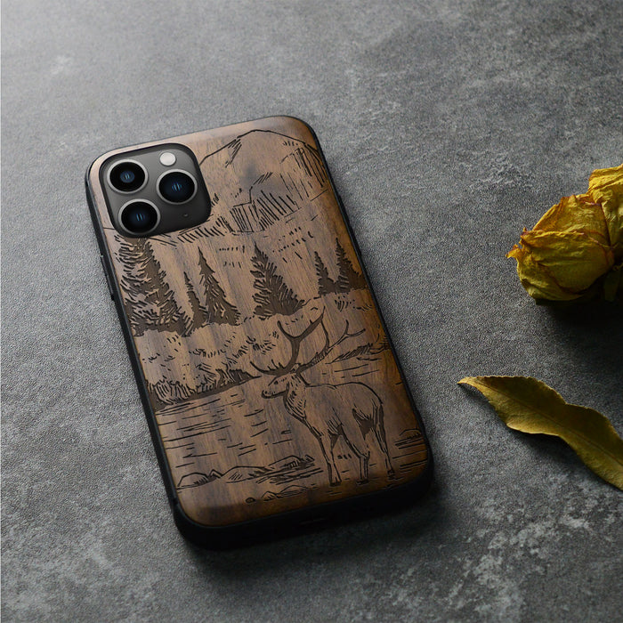 An Enthralling Natural Landscape Illustration, Classic Engraved Wood & TPU Case - Artisanal Cover for Apple iPhone