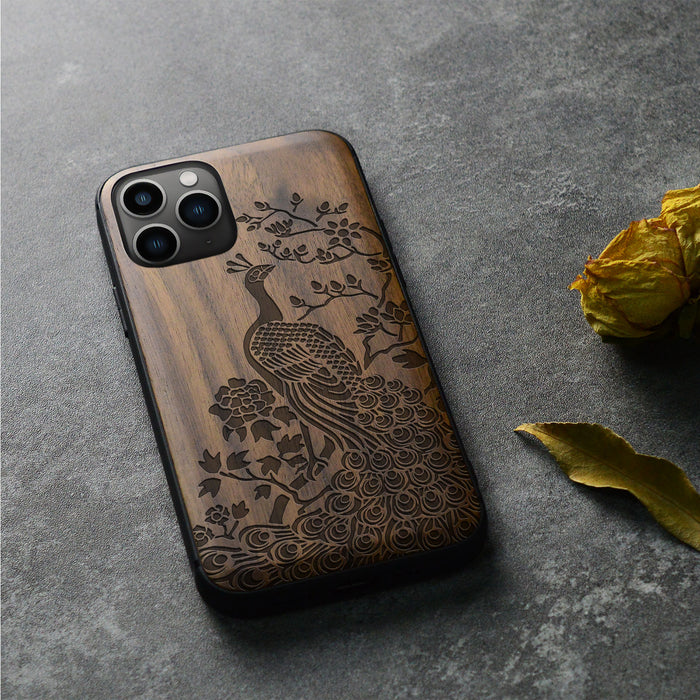 The Majestic Asian Peacock, Classic Engraved Wood & TPU Case - Artisanal Cover for Apple iPhone