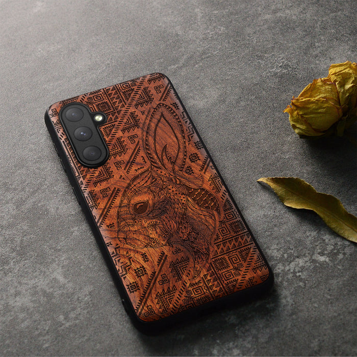 Zentangle Rabbit Amidst Geometry, Classic Engraved Wood & TPU Case - Artisanal Cover for Samsung Galaxy