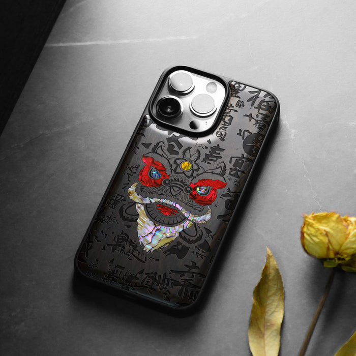 Chinese Lion, Hand-Inlaid Wood & Mother of Pearl Case - Artisanal Cover for Apple iPhone