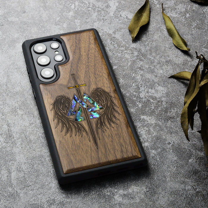 Wings of Valor Essence, Hand-Inlaid Wood & Mother of Pearl Case - Artisanal Cover for Samsung Galaxy