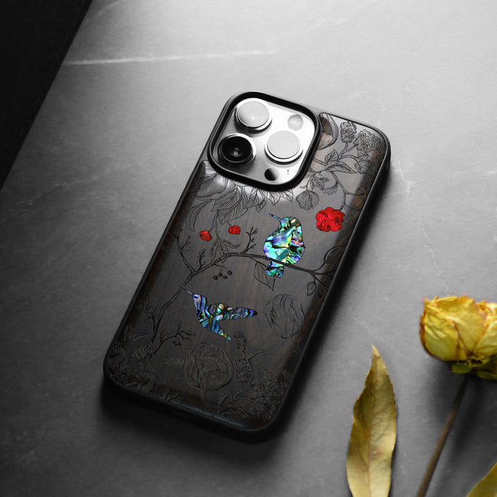 A Dance of Flora and Avian, Hand-Inlaid Wood & Mother of Pearl Case - Artisanal Cover for Apple iPhone