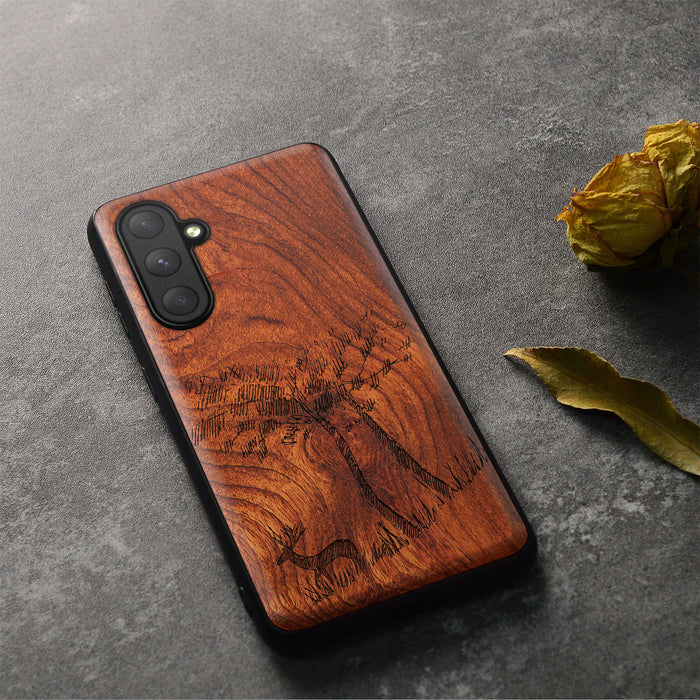 Lone Deer Amidst the Trees, Classic Engraved Wood & TPU Case - Artisanal Cover for Samsung Galaxy