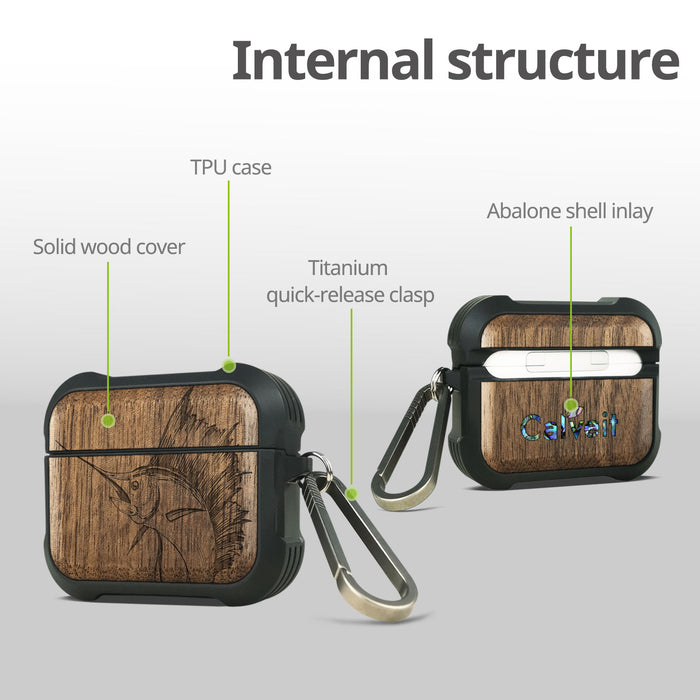 The Soaring Marlin - Wood Artisan Engraved & Shell Hand-Inlaid Cover - Artisanal Case for Apple AirPods (Titanium Quick Released Clasp)