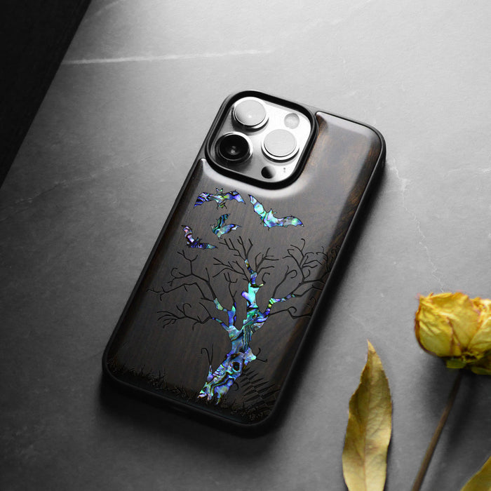 Gothic Night, Hand-Inlaid Wood & Mother of Pearl Case - Artisanal Cover for Apple iPhone