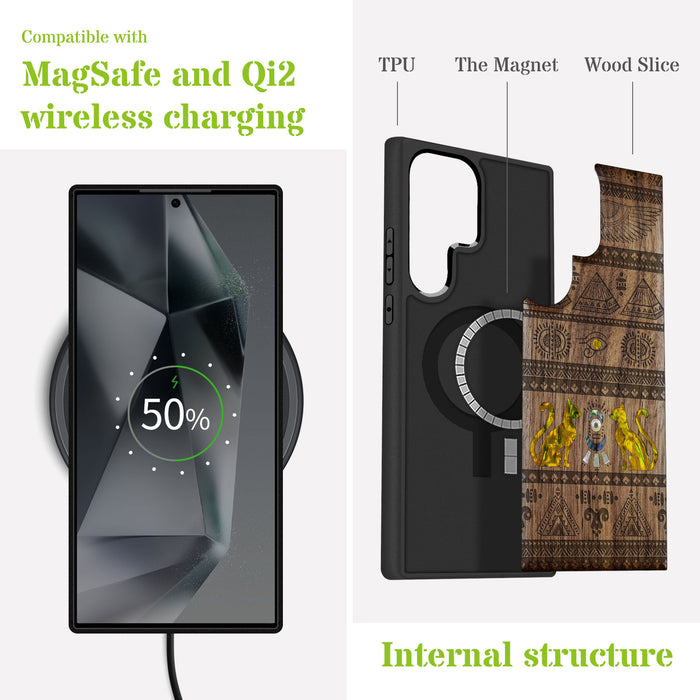 The Symbols of Egypt., Hand-Inlaid Wood & Mother of Pearl Case - Artisanal Cover for Samsung Galaxy