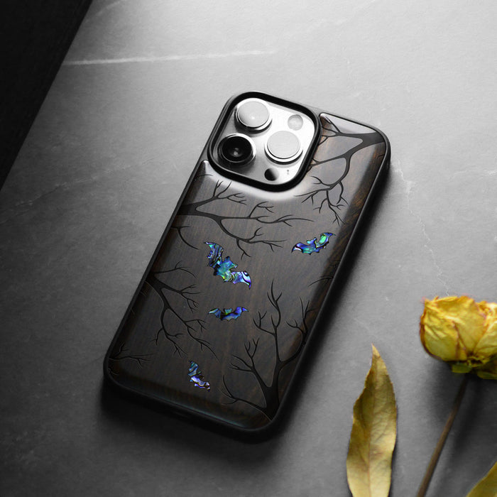 Shadows of the Night, Hand-Inlaid Wood & Mother of Pearl Case - Artisanal Cover for Apple iPhone