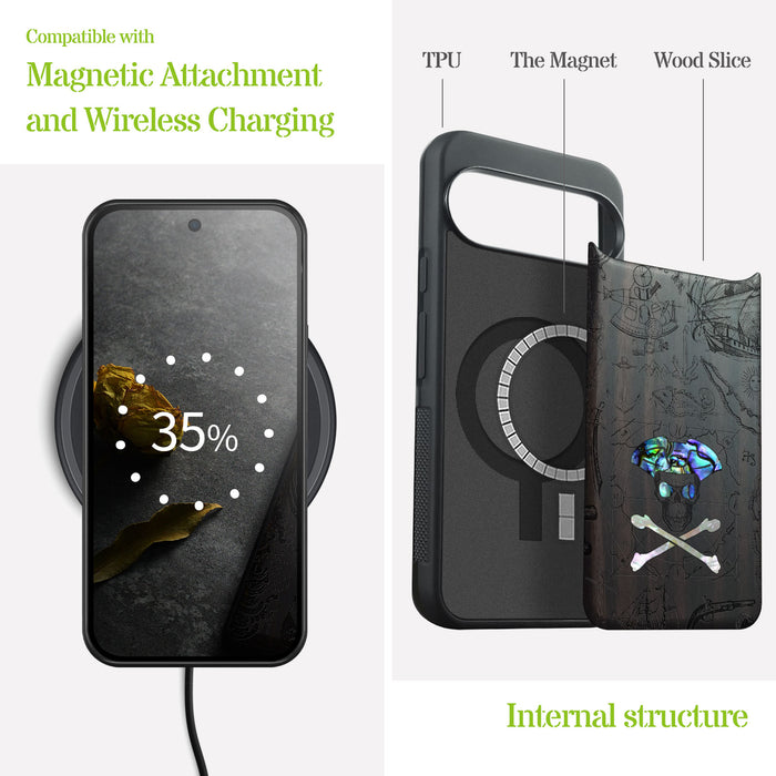 The Pirate's Legacy, Hand-Inlaid Wood & Mother of Pearl Case - Artisanal Cover for Google Pixel