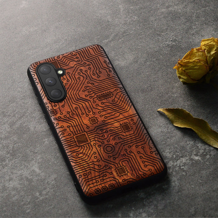 Abstract Motherboard Linework Art, Classic Engraved Wood & TPU Case - Artisanal Cover for Samsung Galaxy