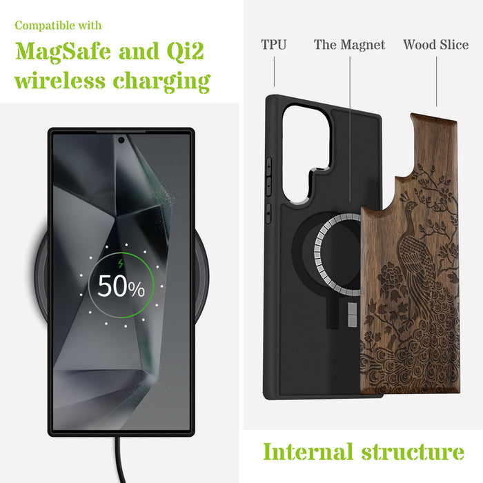 The Majestic Asian Peacock, Classic Engraved Wood & TPU Case - Artisanal Cover for Samsung Galaxy