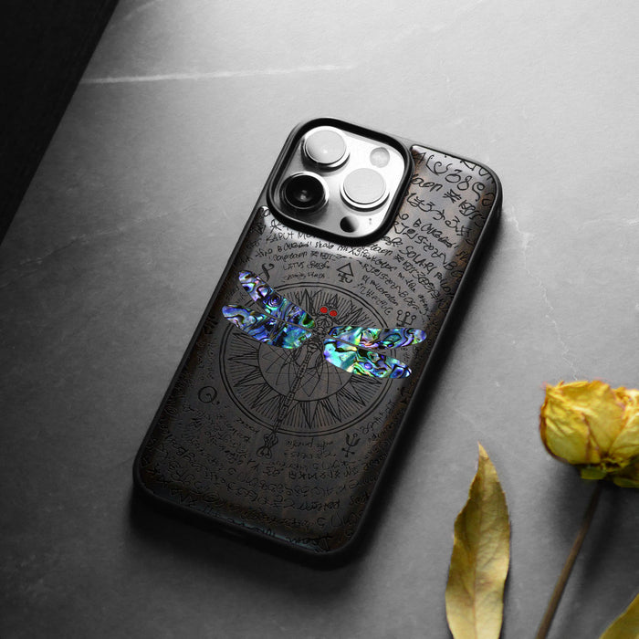 The Graceful Dragonfly, Hand-Inlaid Wood & Mother of Pearl Case - Artisanal Cover for Apple iPhone