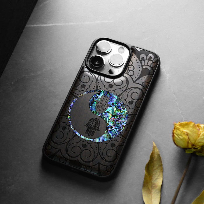 Tranquil Harmony Mandala, Hand-Inlaid Wood & Mother of Pearl Case - Artisanal Cover for Apple iPhone