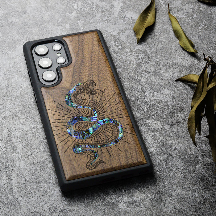 Viper's Coil, Hand-Inlaid Wood & Mother of Pearl Case - Artisanal Cover for Samsung Galaxy