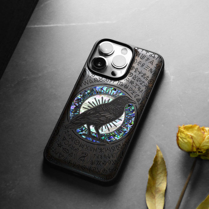 The Haloed Crow, Hand-Inlaid Wood & Mother of Pearl Case - Artisanal Cover for Apple iPhone