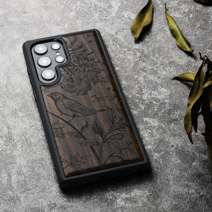 The Chrysanthemum and the Songbird, Classic Engraved Wood & TPU Case - Artisanal Cover for Samsung Galaxy