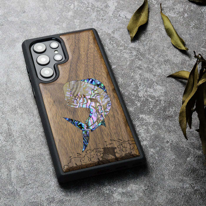 The Majestic Mahi-Mahi, Hand-Inlaid Wood & Mother of Pearl Case - Artisanal Cover for Samsung Galaxy