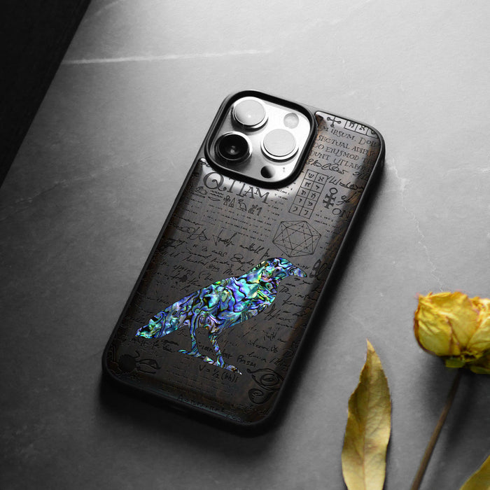 Raven Script, Hand-Inlaid Wood & Mother of Pearl Case - Artisanal Cover for Apple iPhone