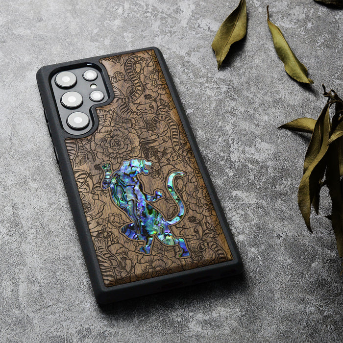 A Tiger Amidst Flowers, Hand-Inlaid Wood & Mother of Pearl Case - Artisanal Cover for Samsung Galaxy