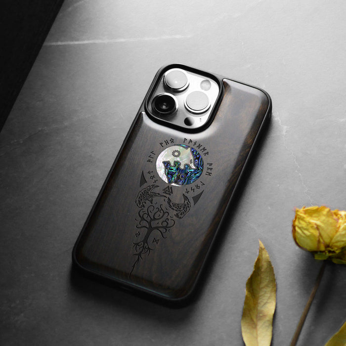 Vegvísir, Ravens, and Yggdrasil, Hand-Inlaid Wood & Mother of Pearl Case - Artisanal Cover for Apple iPhone