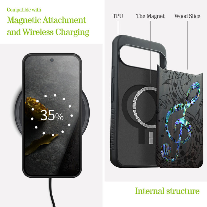 The Grand Clef and Musical Notes, Hand-Inlaid Wood & Mother of Pearl Case - Artisanal Cover for Google Pixel