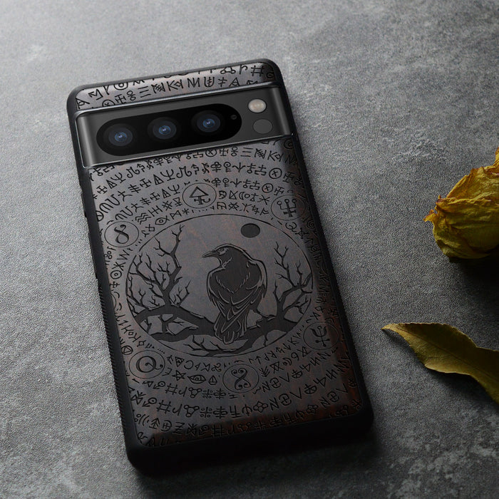 Raven's Arcanum, Classic Engraved Wood & TPU Case - Artisanal Cover for Google Pixel