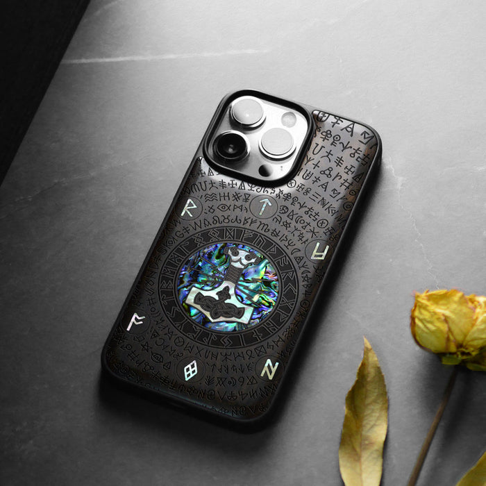 Mjölnir and the Runes, Hand-Inlaid Wood & Mother of Pearl Case - Artisanal Cover for Apple iPhone