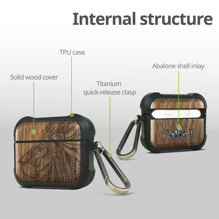 Lion Majesty - Wood Artisan Engraved & Shell Hand-Inlaid Cover - Artisanal Case for Apple AirPods (Titanium Quick Released Clasp)