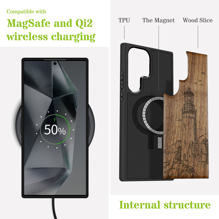 The Lighthouse, Classic Engraved Wood & TPU Case - Artisanal Cover for Samsung Galaxy