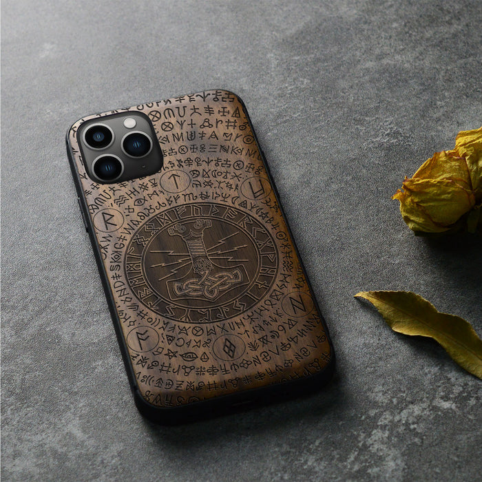 Mjölnir and the Runes, Classic Engraved Wood & TPU Case - Artisanal Cover for Apple iPhone