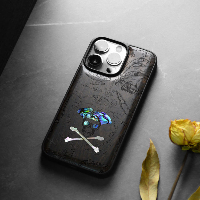 The Pirate's Legacy, Hand-Inlaid Wood & Mother of Pearl Case - Artisanal Cover for Apple iPhone