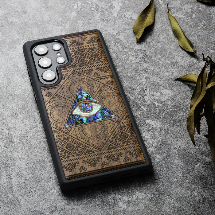 The All-Seeing Eye, Hand-Inlaid Wood & Mother of Pearl Case - Artisanal Cover for Samsung Galaxy