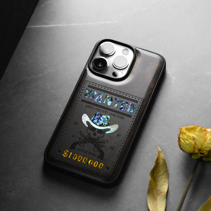 Outlaw Skull Wanted, Hand-Inlaid Wood & Mother of Pearl Case - Artisanal Cover for Apple iPhone
