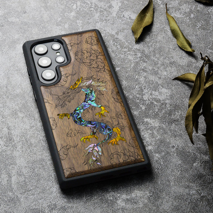 The Dragon's Ascen, Hand-Inlaid Wood & Mother of Pearl Case - Artisanal Cover for Samsung Galaxy