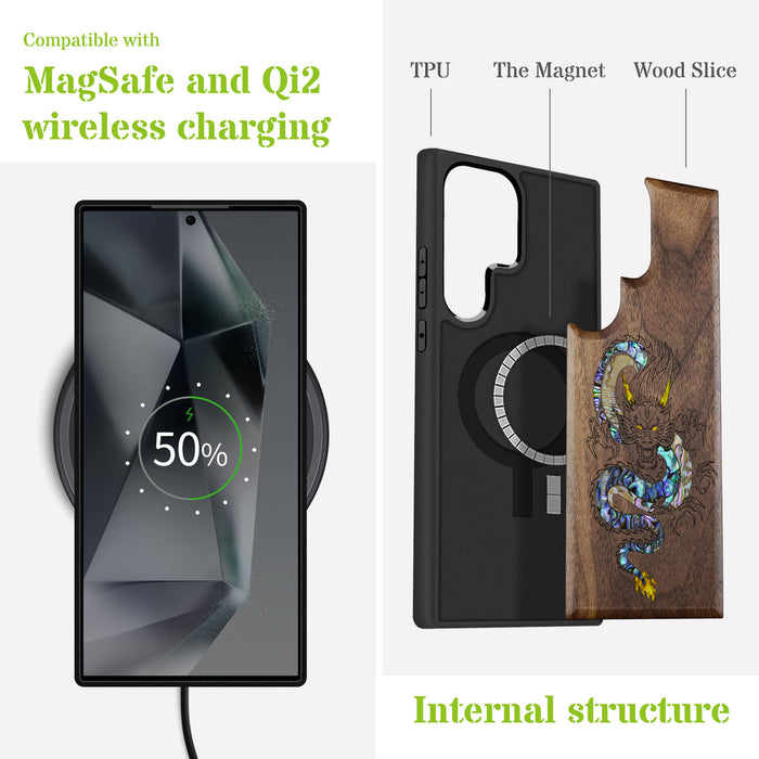The Oriental Dragon, Hand-Inlaid Wood & Mother of Pearl Case - Artisanal Cover for Samsung Galaxy