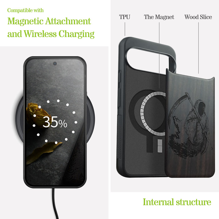 The Grim Reaper, Classic Engraved Wood & TPU Case - Artisanal Cover for Google Pixel