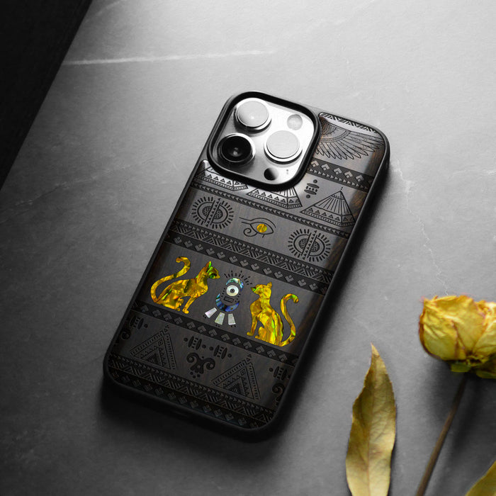 The Symbols of Egypt, Hand-Inlaid Wood & Mother of Pearl Case - Artisanal Cover for Apple iPhone