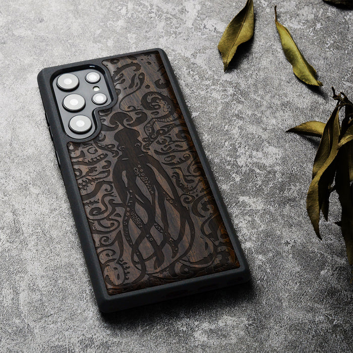 The Octopus's Nocturne, Classic Engraved Wood & TPU Case - Artisanal Cover for Samsung Galaxy