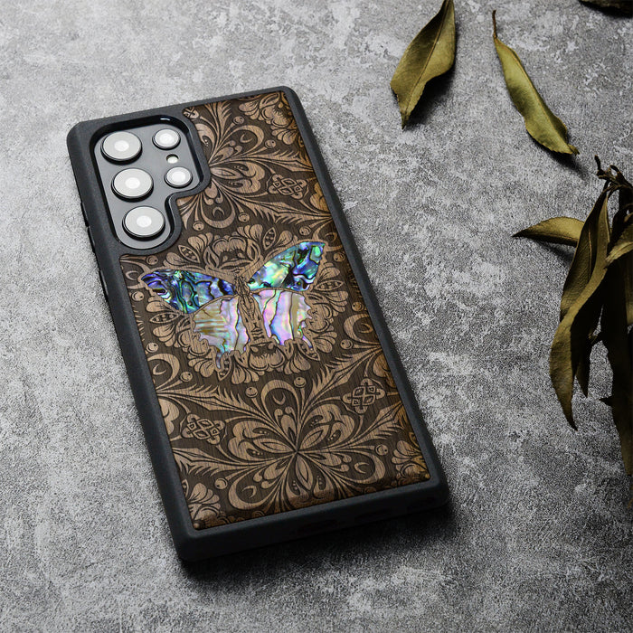 Baroque Butterfly, Hand-Inlaid Wood & Mother of Pearl Case - Artisanal Cover for Samsung Galaxy